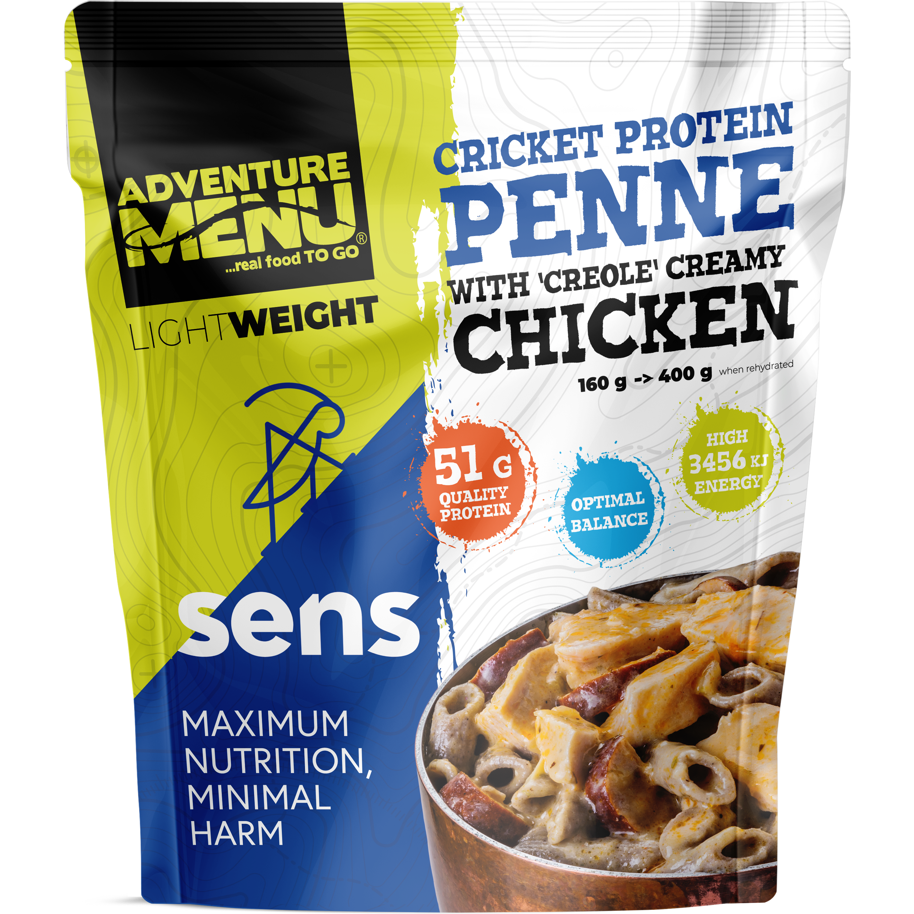 ADVENTURE MENU Sušené Cvrččí proteinové penne s kuřecím masem v kreolské krémové omáčce (160g - 1 porce)
